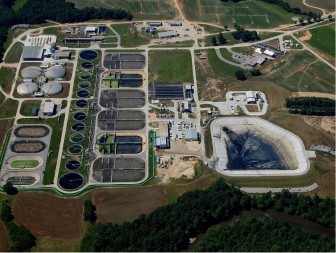 Looking south over Raleigh's Neuse River Wastewater Treatment Plant. 