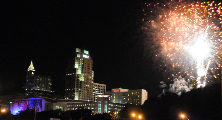 File: Fireworks, as seen from the South Saunders Street area. 
