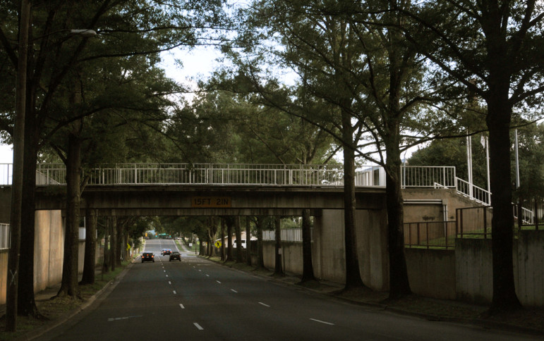 A bridge over Blount Street connects both sides of the Shaw University campus.