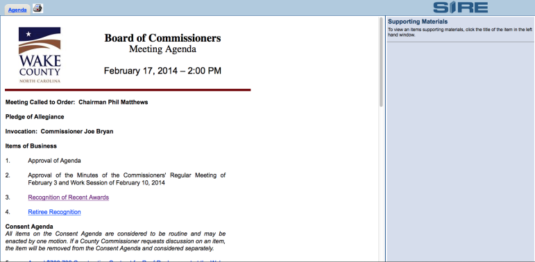 A screenshot of the Wake County Commission agenda. Clicking on an item with a hyperlink prompts pdfs of supporting materials to appear in the right side. 