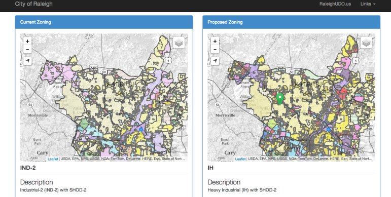 A screenshot of the city's visualization tool to compare the current and proposed rezoning. 