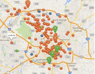 A map of current SeeClickFix complaints in Raleigh