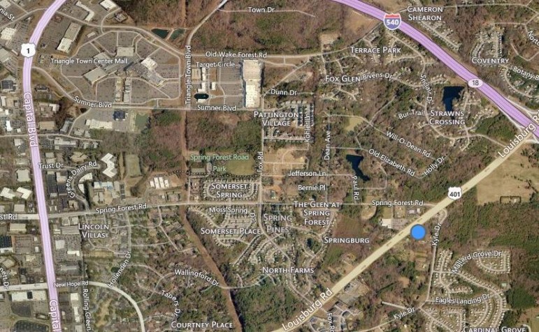 The car dealership would be located at the spot indicated by the blue bubble. The Triangle Town Center Mall is north west of the site. 