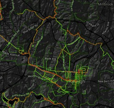 The Strava Heat Map for Raleigh shows that Hillsborough is the most active road in Raleigh for runners and cyclists