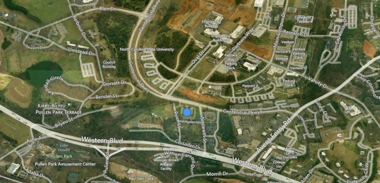 The site indicated by the blue dot is where the new church will be built.