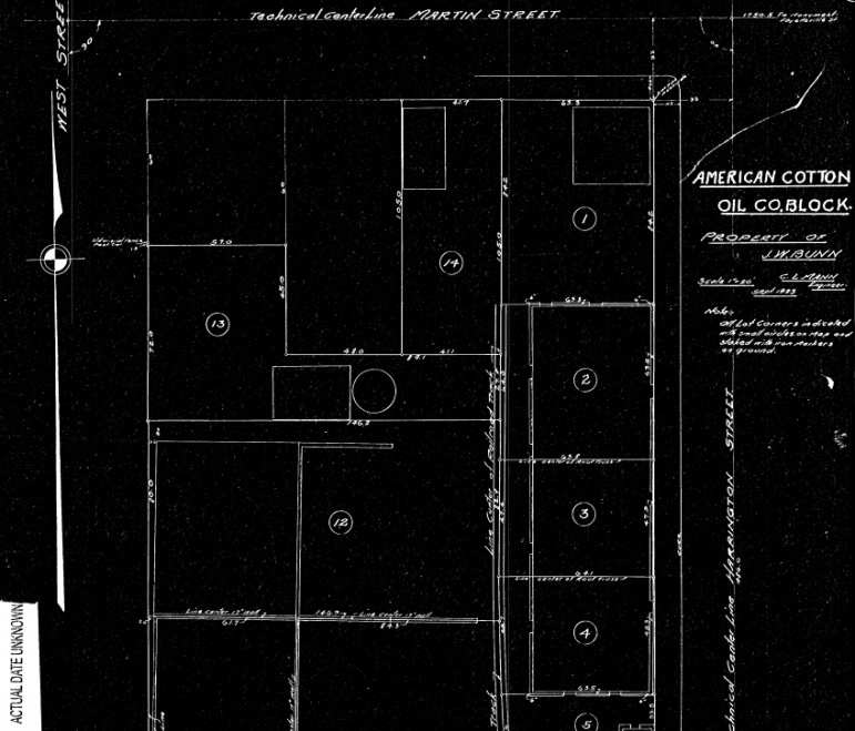 A map of the American Cotton Oil Co. property from 1920. The warehouse is located in lot 12. 