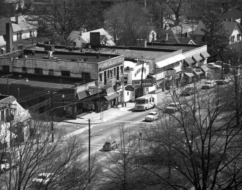 An aerial shot of Hillsborough Street from the 1970s, which shows the marquee of the Varsity Theater