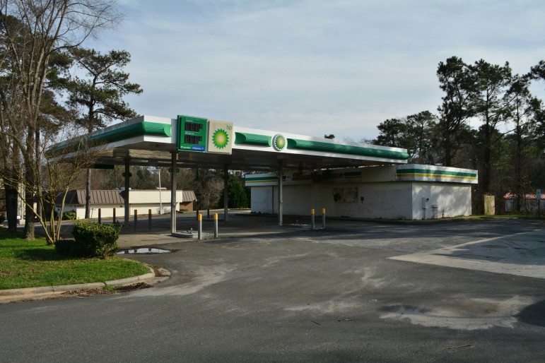 The former BP Gas Station was still standing as of January 3, 2016