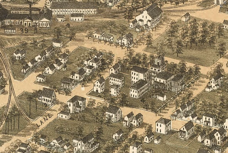 A portion of the painting "Bird's eye view of the city of Raleigh, North Carolina 1872." You can see the chapel in the bottom left hand corner