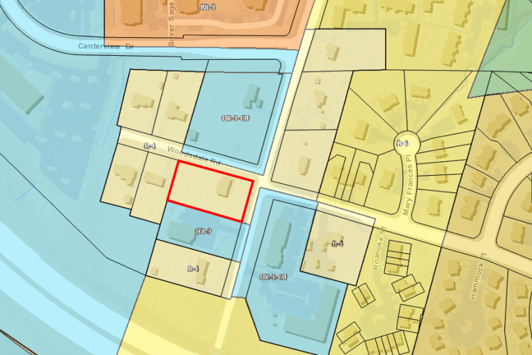 1522 Jones Franklin is outlined in red; the properties in blue are currently zoned Office Mixed Use