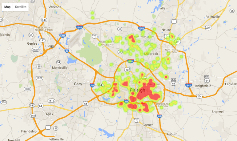 A heatmap of single-family home rentals in Raleigh