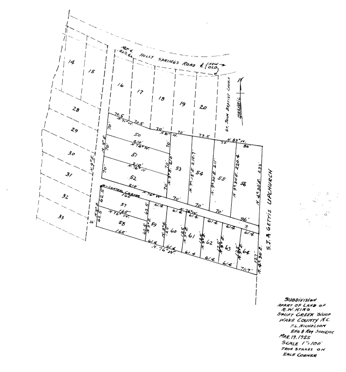 An original map of the neighborhood. The property in question is identified here as Lot No. 50. "Holly Springs Road" is now Tryon Road. 