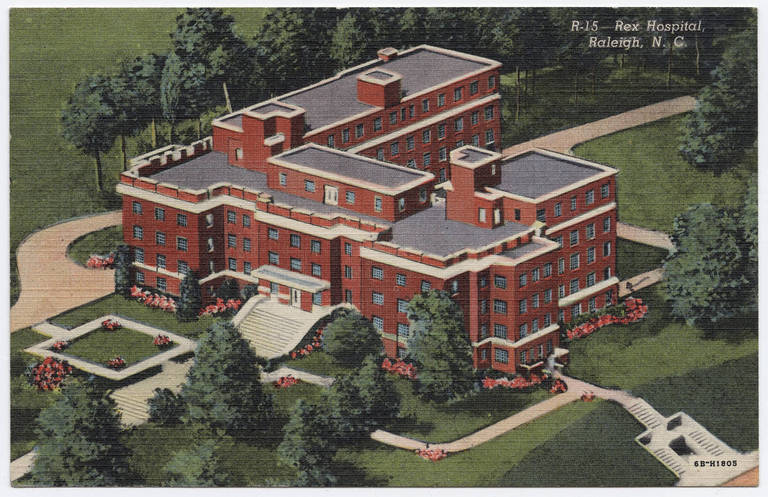 A drawing of the original Rex Hospital at Wade and St. Mary's