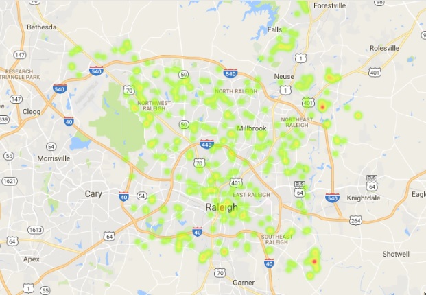 A heat map of recent home sales in Raleigh